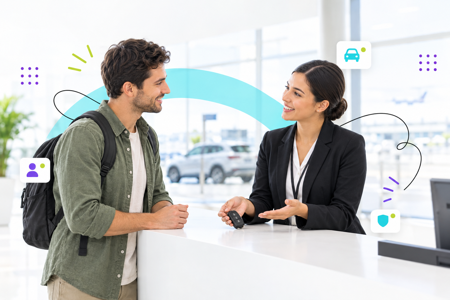 A traveler speaks with a car rental employee at an airport counter.