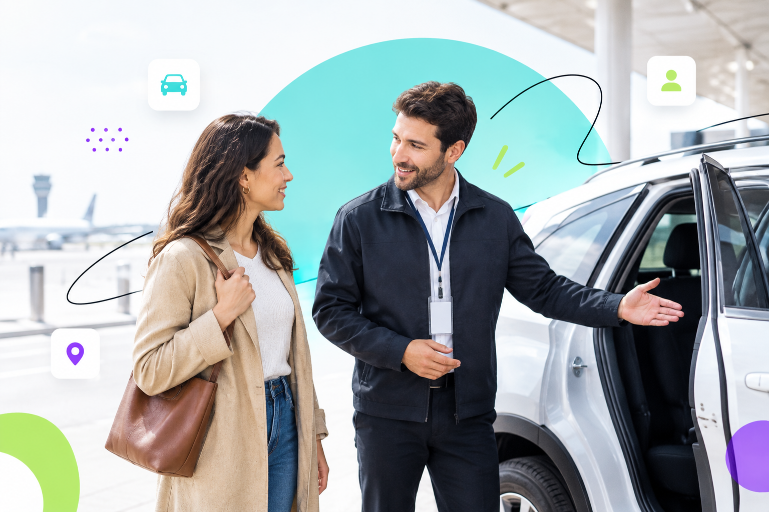 A car-rental employee gestures toward a car as a customer listens beside it.