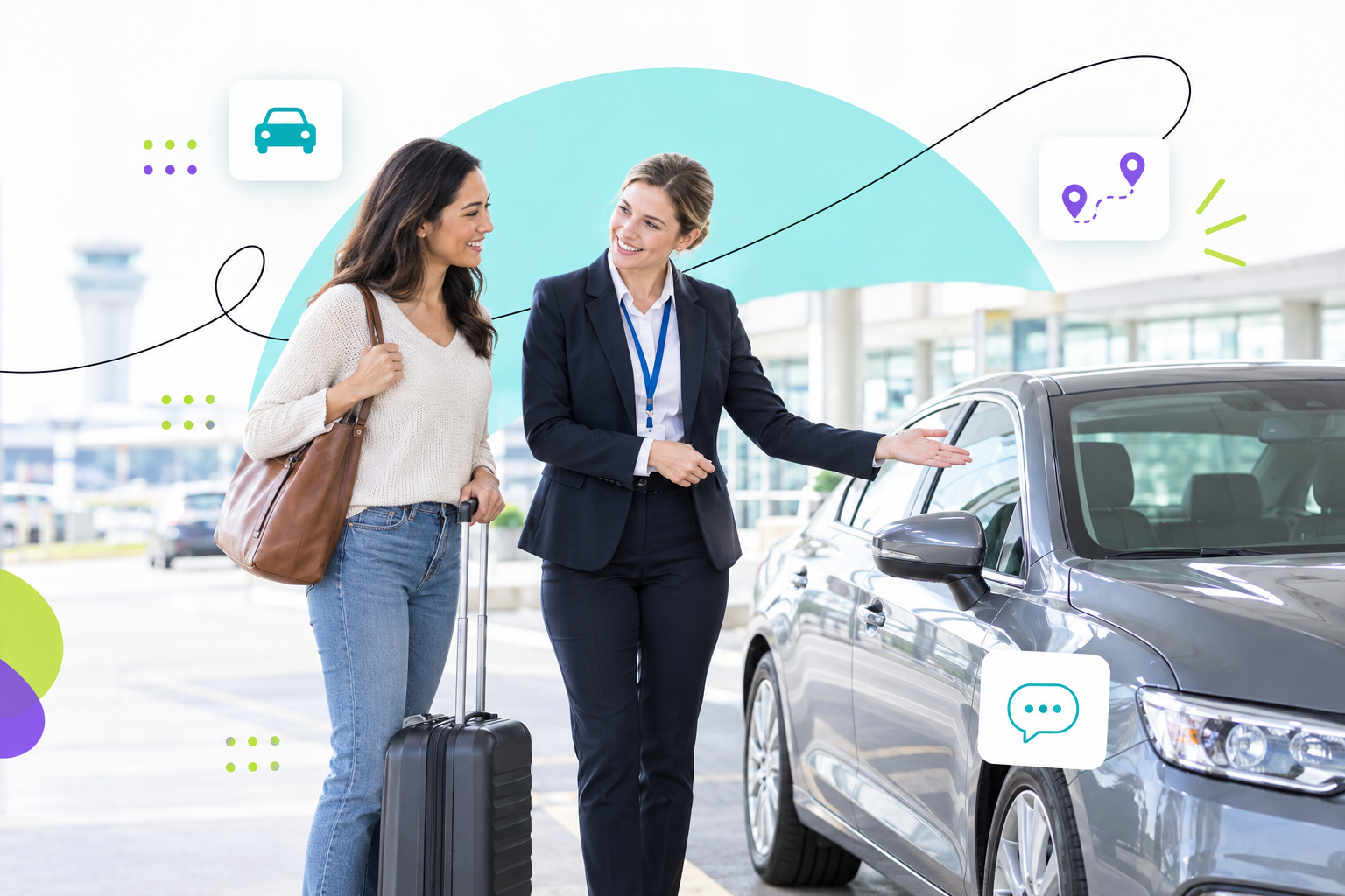 A car-rental employee gestures toward a parked car while a customer listens beside it.